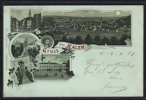 Mondschein-Lithographie Aalen, Marktplatz, Bahnhof, Schubart-Denkmal