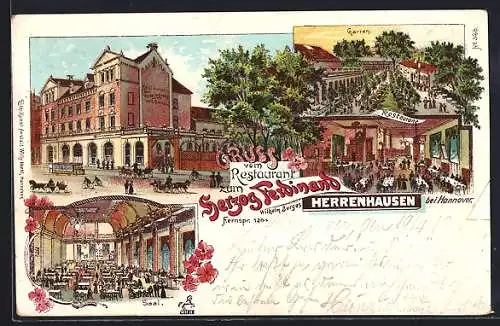 Lithographie Herrenhausen bei Hannover, Restaurant zum Herzog Ferdinand mit Strassenbahn, InneresSaal und Restaurant