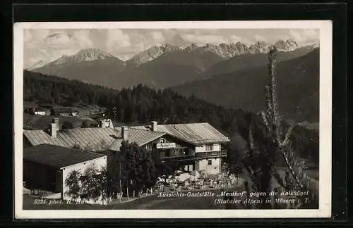 AK Mösern, Aussichts-Gaststätte Menthof gegen die Kalkkögel