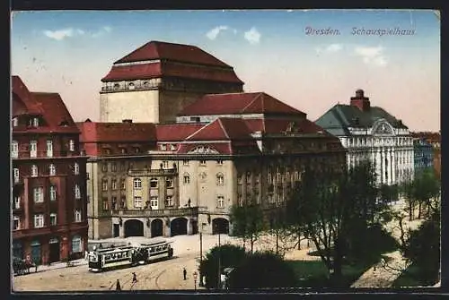 AK Dresden, Schauspielhaus mit Strassenbahn