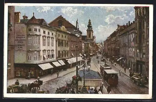 Künstler-AK Linz a. d. Donau, Landstrasse mit Strassenbahn