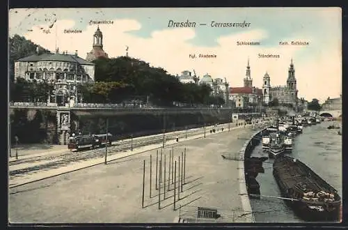 AK Dresden, Terrassenufer mit Königlichem Belvedere, Frauenkirche, Ständehaus, Schlossturm und Strassenbahn