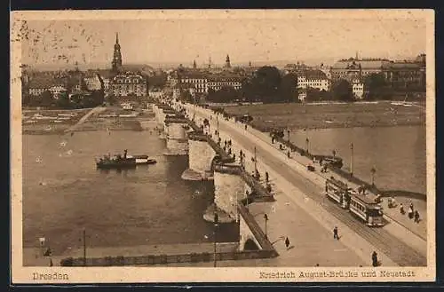 AK Dresden, Friedrich August-Brücke mit Strassenbahn und Neustadt