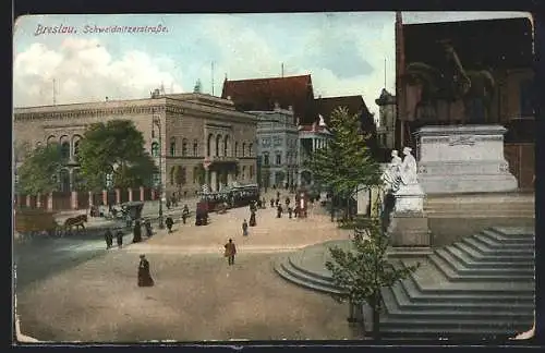 AK Breslau, Schweidnitzerstrasse mit Denkmal und Strassenbahn