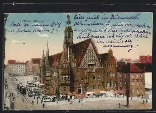 AK Breslau, Rathaus mit Strassenbahn