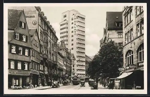 AK Stuttgart, Tagblatt, Turmhaus, Strassenbahn, Automobile, Geschäfte