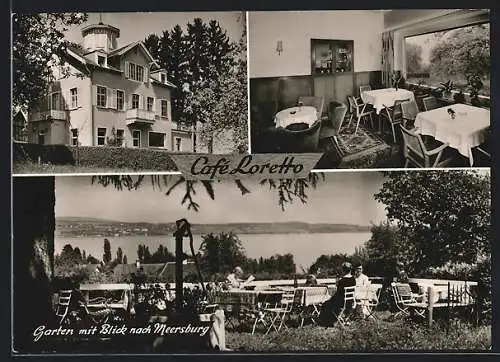 AK Konstanz-Staad am Bodensee, Cafe Loretto, Innenansicht, Garten mit Blick nach Meersburg