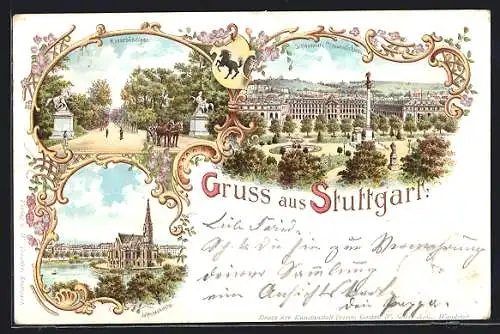 Lithographie Stuttgart, Schlossplatz mit Wasserspiel, Rossebändiger & Johanneskirche