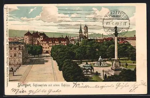 Lithographie Stuttgart, Schlossplatz mit altem Schloss und Denkmal