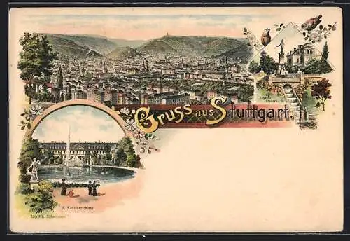 Lithographie Stuttgart, Generalansicht, Wasserspiel am kgl. Residenzschloss