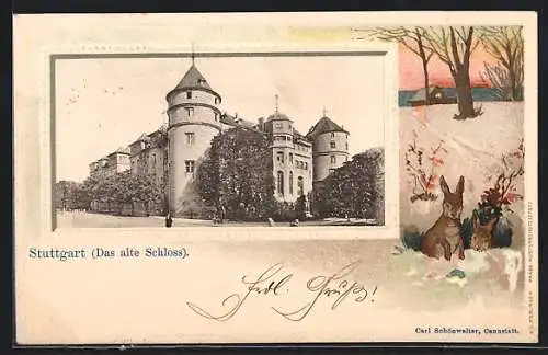 Passepartout-Lithographie Stuttgart, das alte Schloss, Kaninchen im Schnee