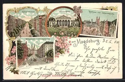 Lithographie Magdeburg, Herrenkrug, Rathaus und Johanniskirche, Wilhelmstrasse und Ulrichskirche