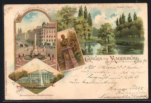 Lithographie Magdeburg, Friesen-Denkmal, Grusonsches Gewächshaus, Hasselbach-Brunnen, Insel-teich