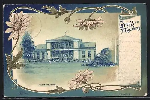 Passepartout-Lithographie Magdeburg, Gasthaus Wilhelmsgarten, Gebäudeansicht mit Gästen, Margeriten-Girlande