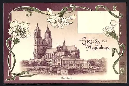 Lithographie Magdeburg, Blick zum Dom