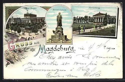 Lithographie Magdeburg, Stadt-Theater, Bismarck-Denkmal, Herrenkrug
