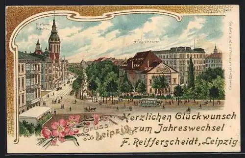 Präge-Lithographie Leipzig, Strassenpartie mit altem Theater, Reform-Kirche und Strassenbahn, Neujahrsgruss