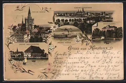 Lithographie Konstanz, Münster, Schloss Mainau, Bodenseedampfer