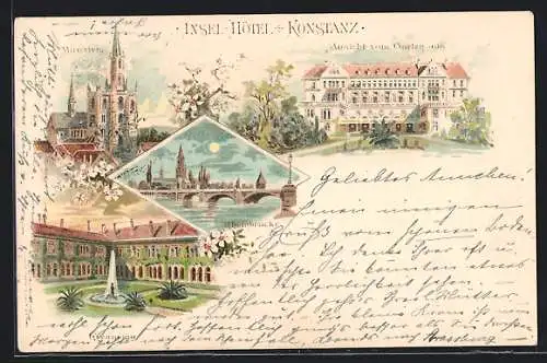 Künstler-AK Konstanz, Münster, Rheinbrücke, Insel-Hotel