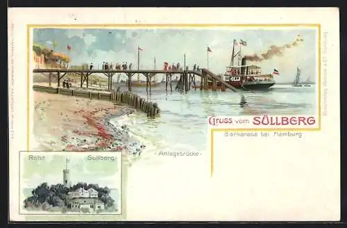 Lithographie Blankenese bei Hamburg, Gasthaus H. D. Rohr auf dem Süllberg, Anlegebrücke