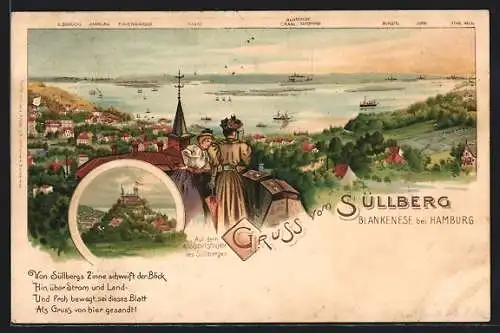 Lithographie Hamburg-Blankenese, Süllberg, auf dem Aussichtsturm