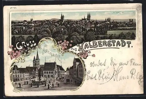 Lithographie Halberstadt, Holzmarkt und Stadtansicht