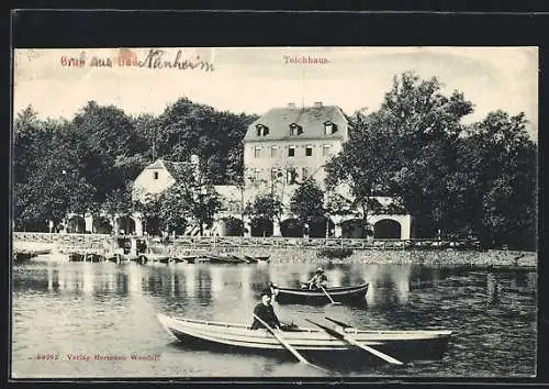 AK Bad Nauheim, Teichhaus mit Booten