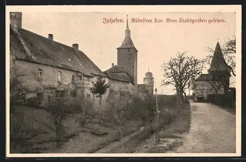 AK Iphofen, Ansicht des Rödelseer Tors vom Stadtgraben gesehen