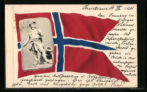 AK Soldat mit Kanone in einer Flagge
