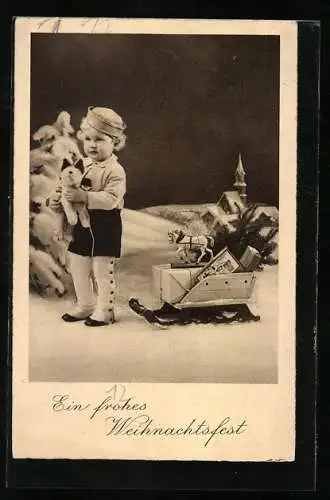 AK Kleines Kind mit Plüschtier und Schlitten, Weihnachtsgruss