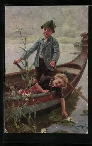 AK Der kleine Bootsmann mit einem Mädchen, Rudern