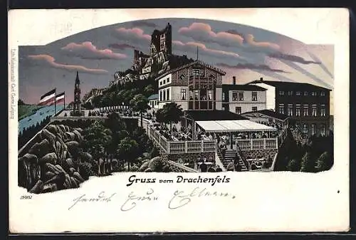 Lithographie Königswinter, Restaurant auf dem Drachenfels bei Sonnenuntergang