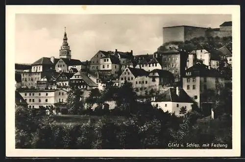 AK Glatz, Ortsansicht mit Blick auf die Festung