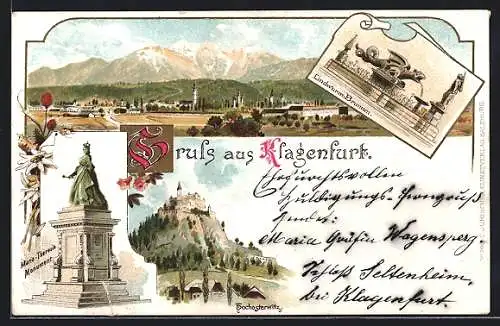 Lithographie Klagenfurt, Maria-Theresia Monument, Lindwurm-Brunnen, Hochosterwitz