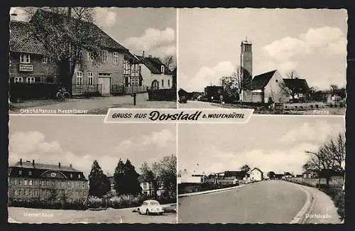 AK Dorstadt b. Wolfenbüttel, Geschäftshaus Kesselbauer, Kirche, Herrenhaus, Dorfstrasse