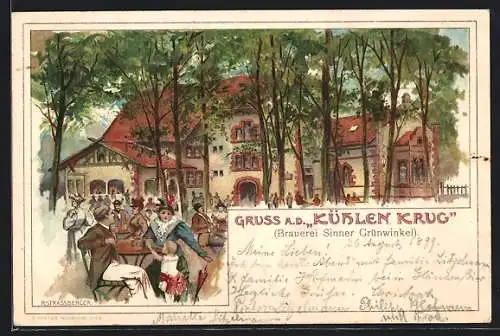 Lithographie Karlsruhe, Gasthaus zum Kühlen Krug, Brauerei Sinner Grünwinkel