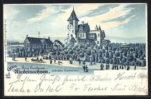 Lithographie Gehrden-Hannover, Berg-Gasthaus Niedersachsen mit Strasse und Umgebung