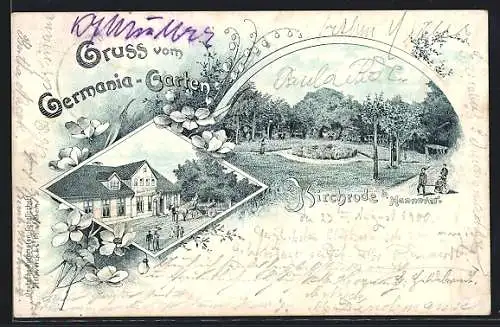 Lithographie Hannover-Kirchrode, Gasthof Germania-Garten, Gartenpartie mit Besuchern