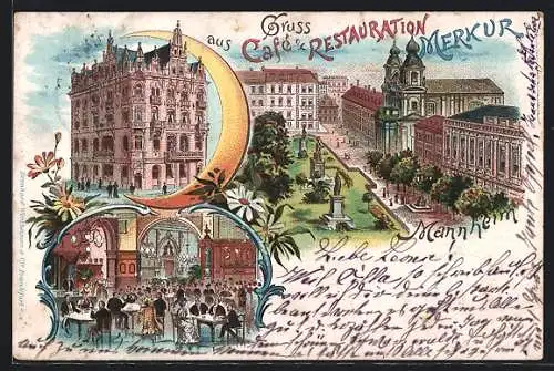 Lithographie Mannheim, Cafe Restaurant Merkur, Innenansicht, Strassenpartie mit Kirche