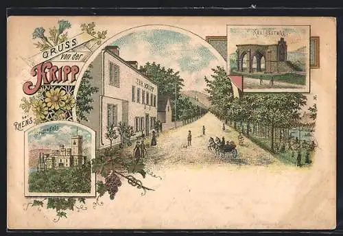 Lithographie Rhens, Gasthaus zur Kripp mit Strasse, Königsstuhl, Burg Stolzenfels