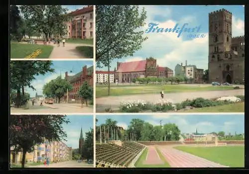 AK Frankfurt / Oder, Stadion, Kirche, Strassenpartie, Strassenbahn