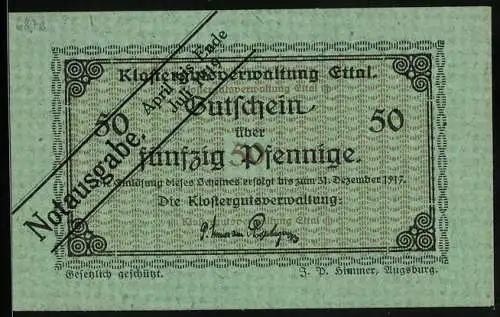 Notgeld Ettal 1917, 50 Pfennig, Signatur der Klostergutsverwaltung, Gutschein