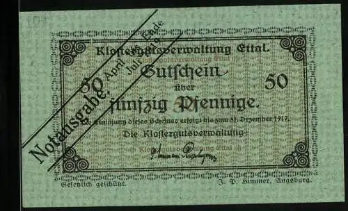 Notgeld Ettal 1917, 50 Pfennig, Signatur der Klostergutsverwaltung, Gutschein