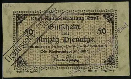 Notgeld Ettal 1917, 50 Pfennig, Signatur der Klostergutsverwaltung, Gutschein