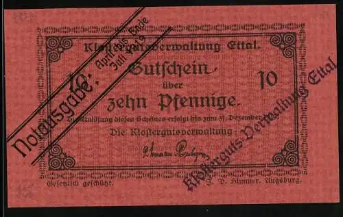 Notgeld Ettal 1917, 10 Pfennig, Signatur der Klostergutsverwaltung, Gutschein