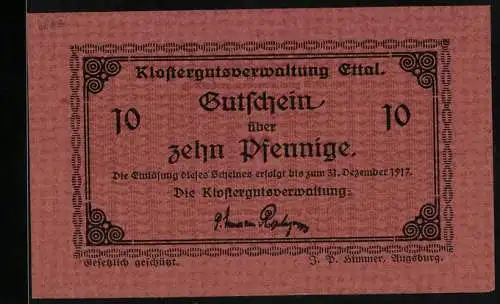 Notgeld Ettal 1917, 10 Pfennig, Signatur der Klostergutsverwaltung, Gutschein