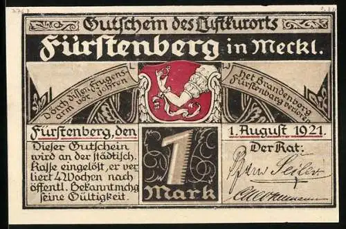 Notgeld Fürstenberg i. Meckl. 1921, 1 Mark, Wohnhaus des Forschers Schliemann in den Jahren 1836 - 41, Gutschein