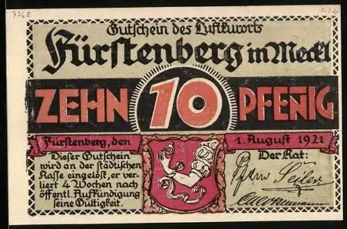 Notgeld Fürstenberg i. Meckl. 1921, 10 Pfennig, Blumencorso auf dem Baalensee, Wappen, Gutschein