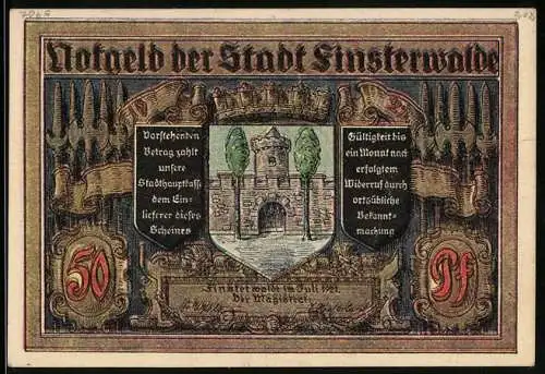 Notgeld Finsterwalde 1921, 50 Pfennig, Bürgermeister gewinnt die Bürgerheide, Wappen