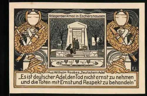Notgeld Eschershausen i. Br. 1921, 75 Pfennig, Kriegerdenkmal, Wilhelm Raabe`s Geburtshaus, Raabeturm, Gutschein